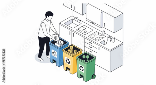 Isometric Illustration of a Man Sorting Waste into Recycling Bins in a Modern Kitchen for Sustainability Concept
