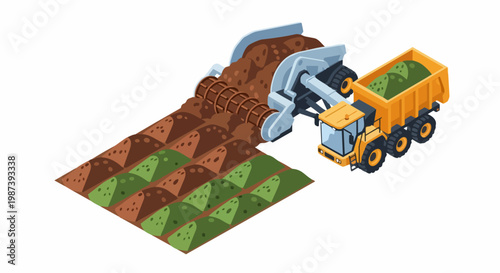 Isometric Industrial Heavy Machinery and Dump Truck Processing Organic Compost and Soil
