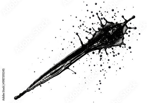 dramatic splatter of viscous, ink-like espresso, frozen mid-action with a thick diagonal slash and sharp micro-droplets, macro flat lay against transparent copy space. concept of sudden catastrophe