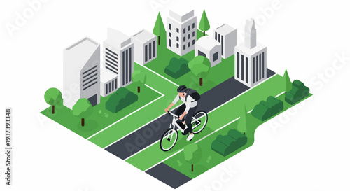 Isometric Vector Illustration of a Person Riding a Bicycle on an Eco-Friendly Path in a Green Modern City