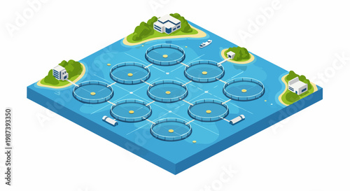 Modern Isometric Fish Farm Illustration: Sustainable Aquaculture Net Pens in the Ocean with Coastal Facilities and Islands for Maritime Industry Infrastructure