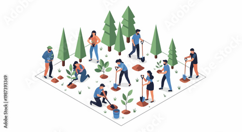 Isometric Illustration of People Planting Trees for Reforestation and Environmental Conservation Concept