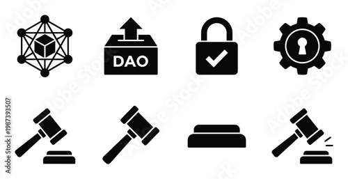 Decentralized autonomous organization icons collection representing blockchain technology and legal processes.