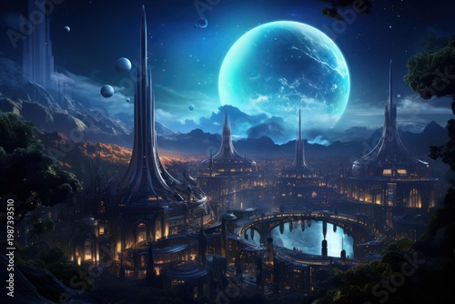 Futuristic metropolis on an exoplanet with towering buildings illuminated under a large blue moon