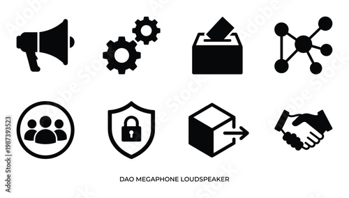 Decentralized autonomous organization symbol collection with megaphone, gears, voting, and security icons.