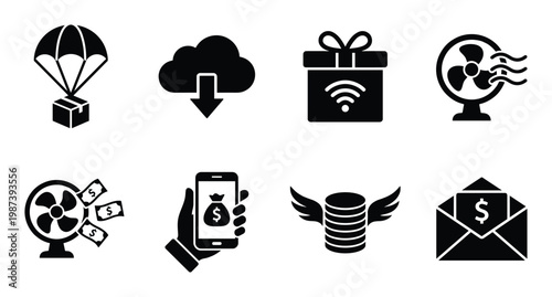 Delivery and technology icons: parachute cloud gift fan phone money coins envelope