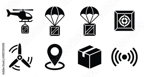 Delivery helicopter parachute drone package and shipping icons on transparent background