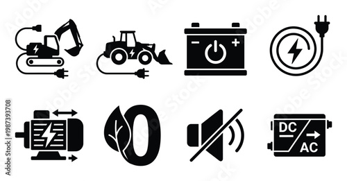 Electric construction vehicle and power icons set set for clean energy and technology isolated on white background vector