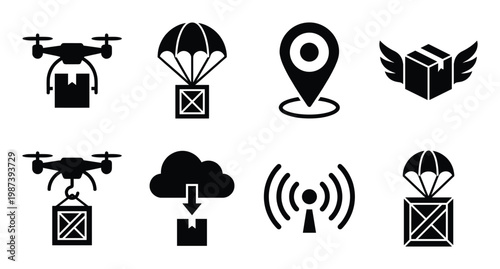 Drone delivery and logistics icons featuring parachute shipping cloud download and location markers