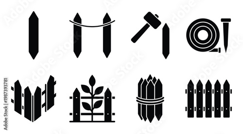 Fencing and garden icons: fence posts hammer nails hose plants