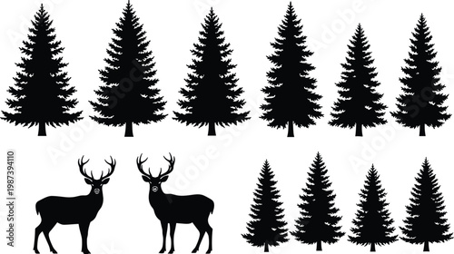 Pine tree and deer silhouette vector set, evergreen forest collection, wildlife elements, black nature icons, conifer trees and stag illustration isolated on white background