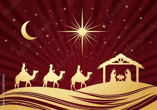 Elegant Christmas Nativity Illustration with Three Wise Men, Holy Family, and Star of Bethlehem on Red Background