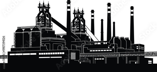 Steel factory industrial plant vector illustration, heavy manufacturing complex silhouette, metallurgy production facility, smokestacks and infrastructure, 