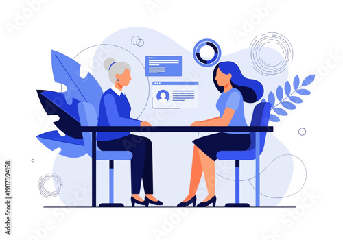 HR Recruitment and Job Interview Concept Vector Illustration with Professional Women in Modern Office Setting