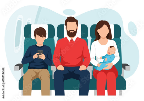 Family with Crying Baby and Teenager Traveling on Airplane Flat Vector Illustration