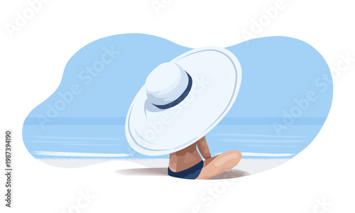  Woman in a large white sunhat sits by the sea