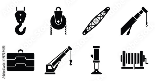 Industrial heavy machinery crane equipment icons set with hoist hook pulley and telescopic boom arm