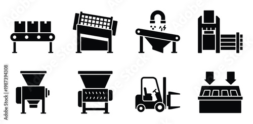 Industrial processing equipment and machinery icons, black vector set for manufacturing production