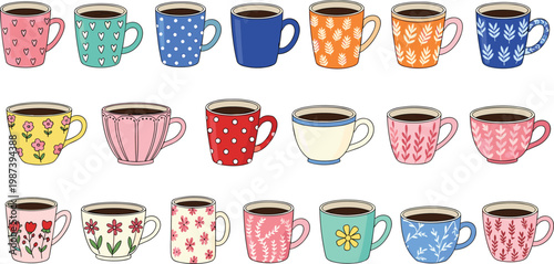 Colorful Coffee Mug Collection with Cute Patterns, Tea Cups Set, Floral and Polka Dot Designs, Cozy Drinkware Flat Vector Illustration