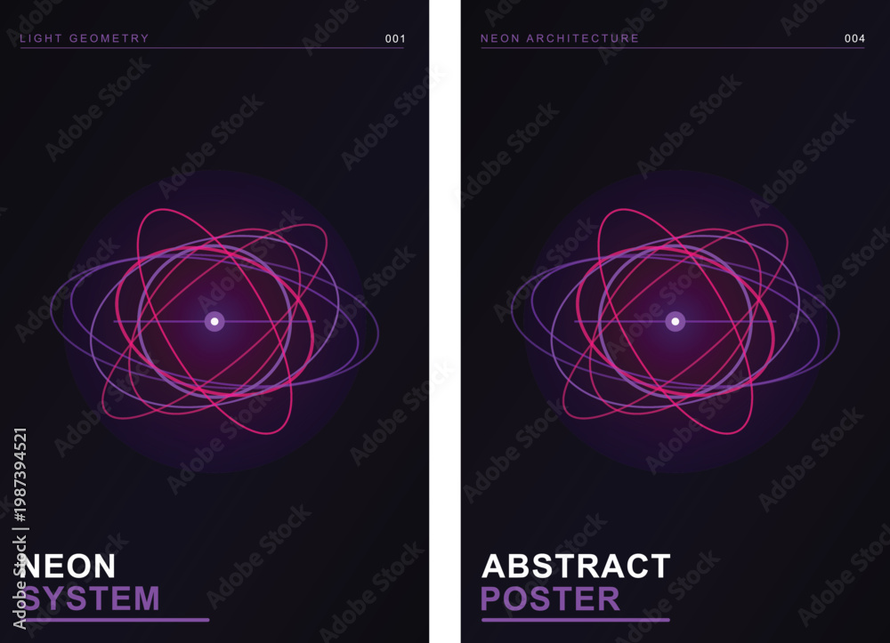 Fototapeta premium Neon system abstract poster set, futuristic light geometry vector art, glowing purple orbital lines on dark background, modern tech cover design