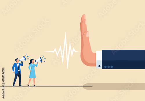 Giant Hand Stopping Business People with Megaphones, Concept of Communication Block, Censorship, and Ignoring Public Opinion