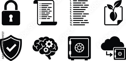 Padlock brain checklist safe cloud shield seed sprout numbered list icons