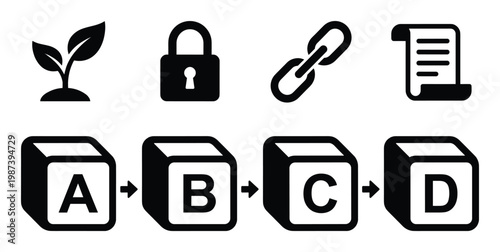 Plant sprout lock chain link scroll and alphabet blocks flow chart