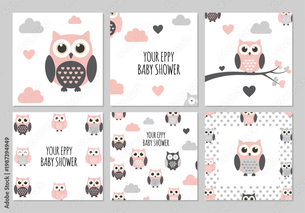 Fototapeta premium Cute Pink and Grey Owl Baby Shower Invitation Card Templates Set. Nursery Illustrations with Hearts, Clouds, and Polka Dots for Newborn Girl Announcement.