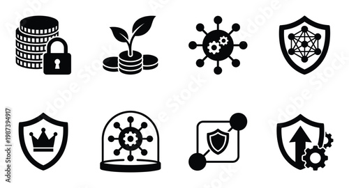 Set of black and white vector icons related to money, security, investment, and blockchain technology
