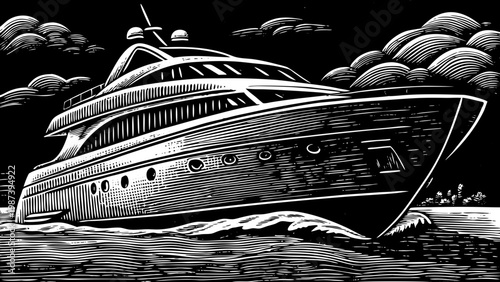 Vector illustration of a luxury motor yacht and cruise ship traveling across the blue sea water in a flat cartoon art style created with generative ai