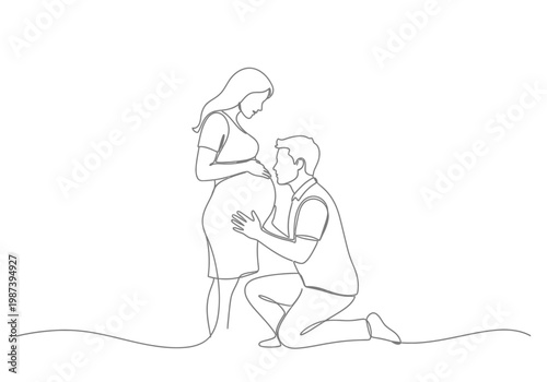 Minimalist Continuous Line Drawing of a Pregnant Couple, Man Kneeling and Touching Pregnant Belly, Maternity and Family Art Illustration