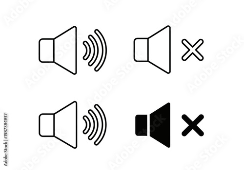 Set of Speaker Icons for Volume Control and Mute Settings, Minimalist Audio Interface Symbols Including Sound On and Sound Off Icons in Outline and Solid Styles