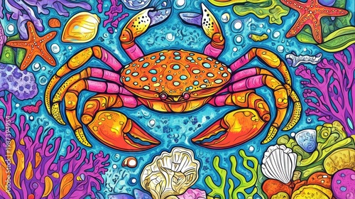 Colorful, bright art featuring a crab surrounded by coral and sea life, under bubbly water