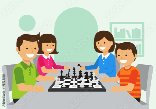 Happy Family Playing Strategic Chess Board Game Together Illustration