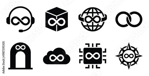 Set of infinity symbol icons in various contexts like metaverse, cloud, CPU, and compass designs
