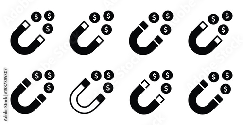 Set of magnet attracting money icons, collection of financial pull and success symbols