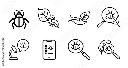 Pest control and insect inspection web line icons set featuring beetle bug leaf infestation caterpillar eating foliage microscope analysis and mobile pest app Vector Illustration with editable stroke