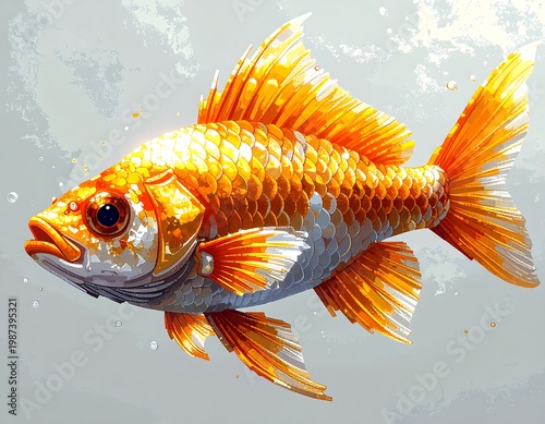 A digitally rendered illustration showcases a vibrantly colored goldfish against a soft, abstract gray backdrop with delicate bubbles