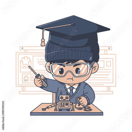 Student Working on a Robot in a Workshop Wearing Graduation Cap and Safety Goggles Showing Engineering Skills