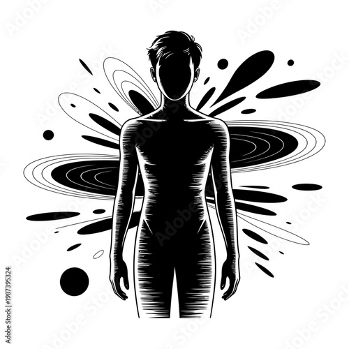 human silhouette with abstract cosmic energy waves and fluid shapes minimalist black vector illustration representing mind, aura, consciousness and inner energy isolated design