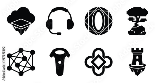 Set of metaverse and virtual world elements like floating island, headphones, and network connection