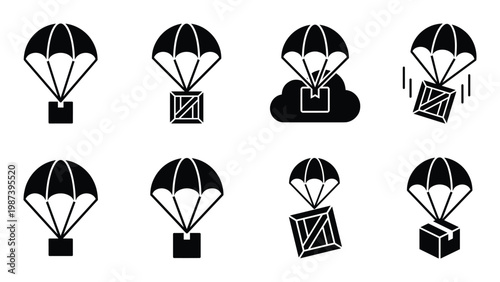 Set of parachute delivery icons, collection of cargo box and package symbols