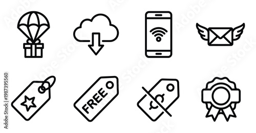 Shopping discount and delivery line icons featuring price tags cloud download and winged envelope