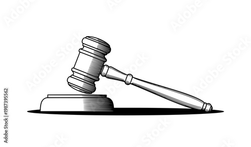 Judge gavel black and white vector law symbol engraved detail justice court illustration