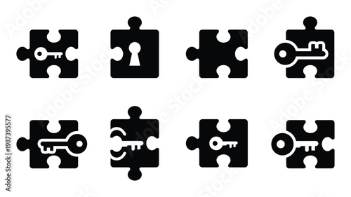Set of puzzle pieces with key and keyhole for problem solving and security concepts