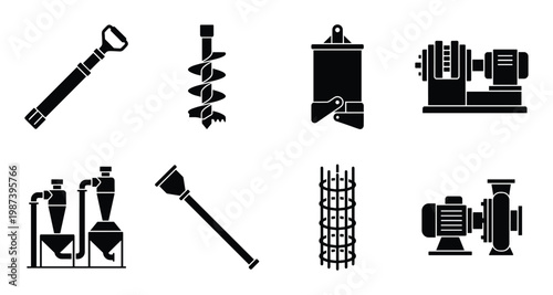 Various industrial and mechanical components icons on transparent background