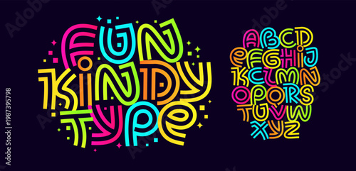 Fun Playful Stripes Font Geometric Logo Alphabet Cool Cartoon Letter Set Modern Typography, Creative Typographic Design for Comics Title Text, Typo Poster Headline. Music Fest Fonts. Vector Typeface