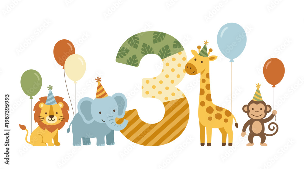 Naklejka premium Cute Safari Animals 3rd Birthday Vector Illustration with Number Three