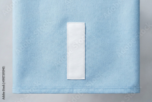 Blank white fabric tag mockup on light blue t-shirt background for custom design apparel shirt mockup realistic.