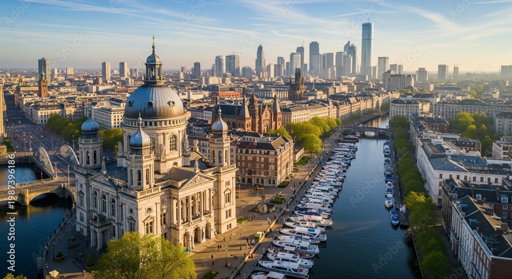 Naklejka premium Aerial view of Berlin featuring the iconic Berliner Dom cathedral Spree River with boats and a modern cityscape skyline under a clear blue sky
